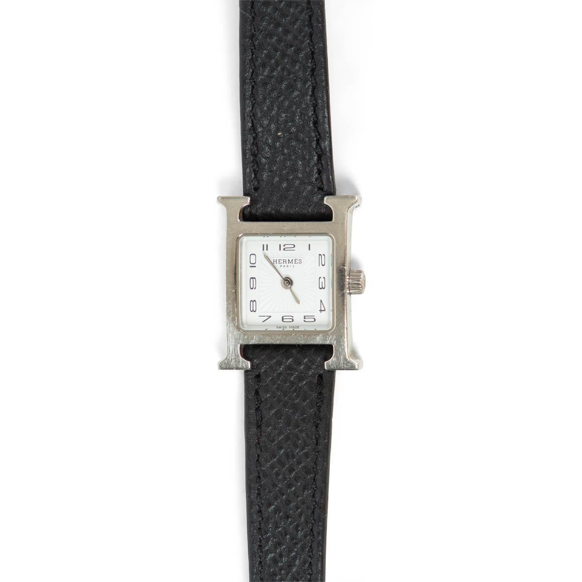 Hermes H HEURE MINI 21mm Uhr aus schwarzem Leder und Stahl mit weißem Zifferblatt im Zustand „Gut“ im Angebot in Zürich, CH