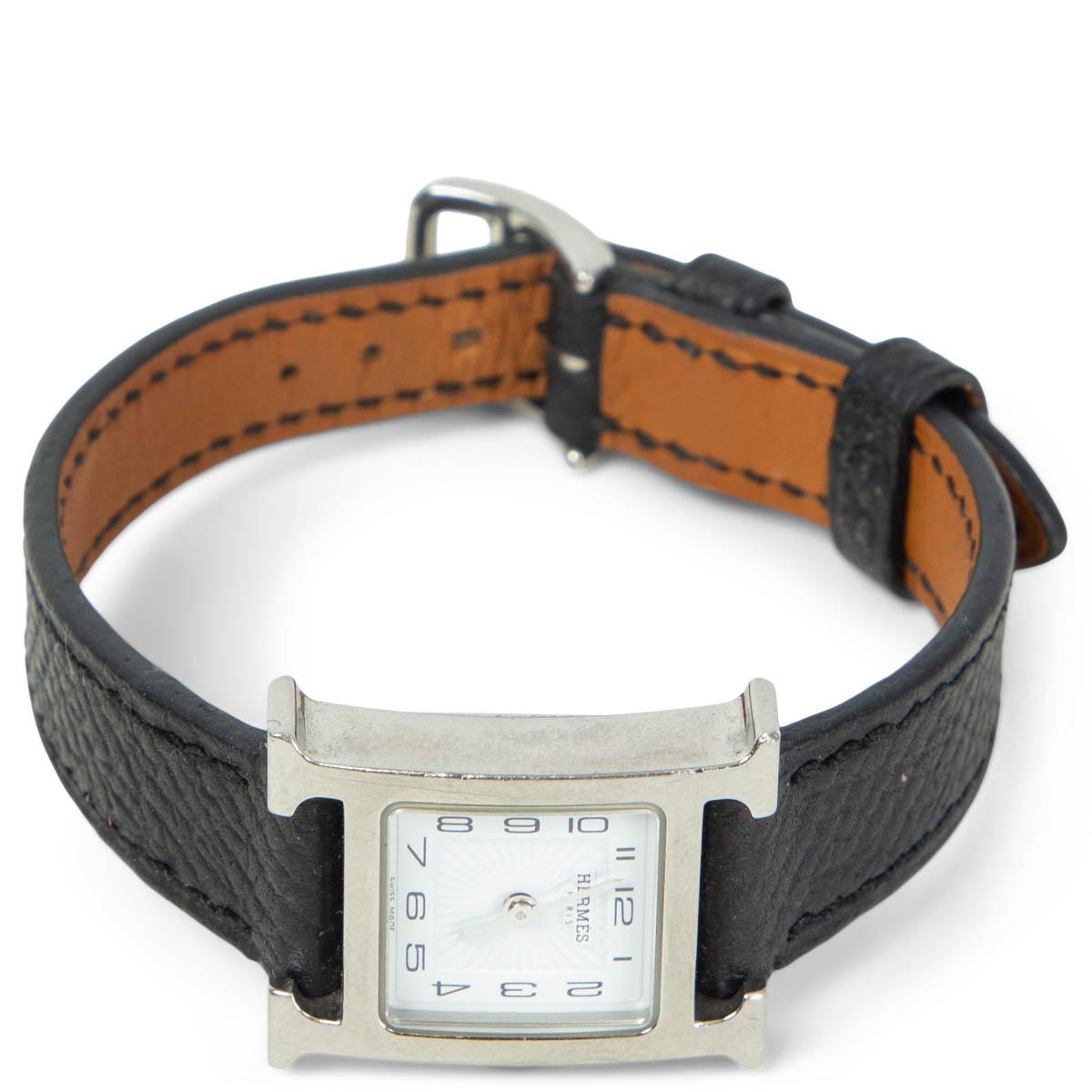 Hermes H HEURE MINI 21mm Uhr aus schwarzem Leder und Stahl mit weißem Zifferblatt Damen im Angebot
