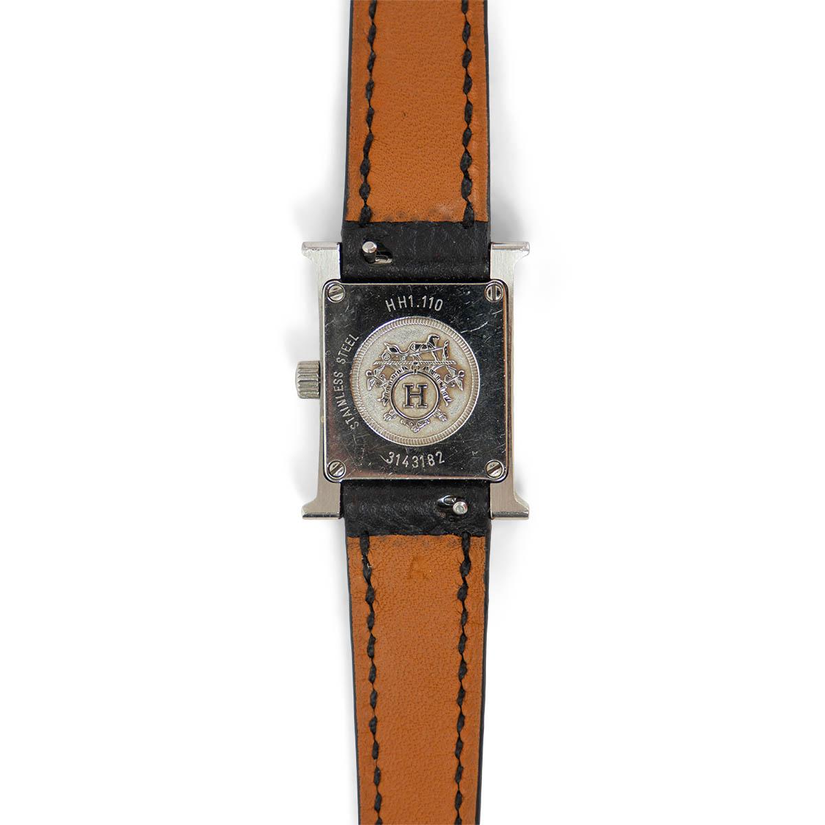 Hermes H HEURE MINI 21mm Uhr aus schwarzem Leder und Stahl mit weißem Zifferblatt im Angebot 3