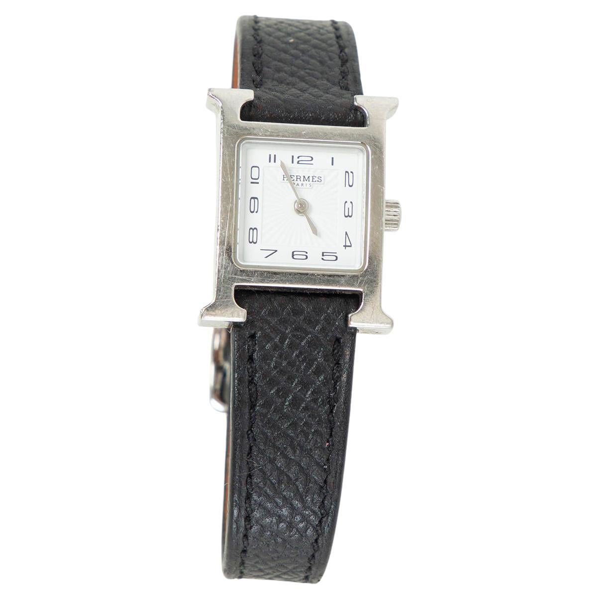 Hermes black leather & steel H HEURE MINI 21mm Watch White Dial For Sale