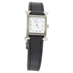 Vintage Hermes black leather & steel H HEURE MINI 21mm Watch White Dial