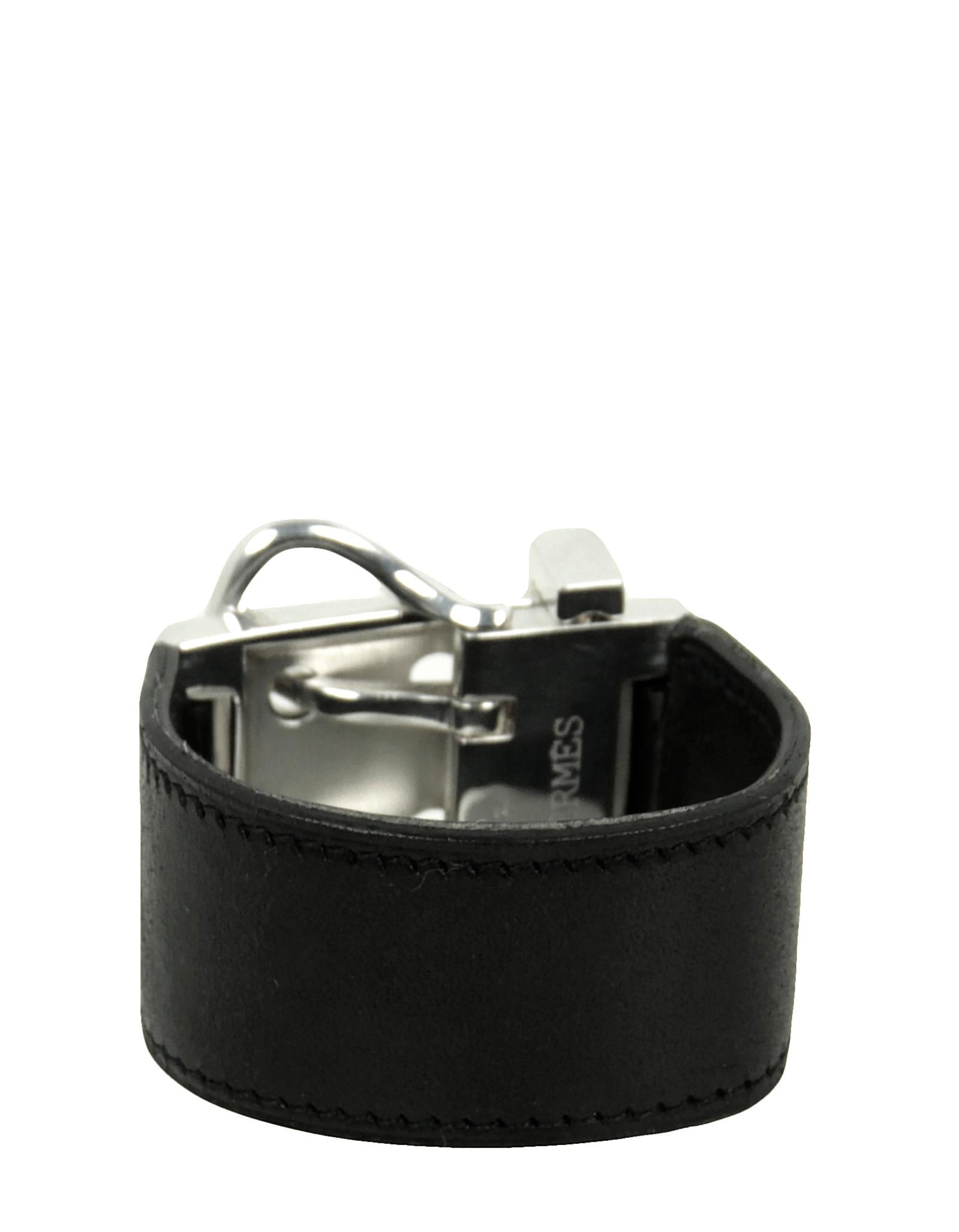 Hermes Black Leather & Sterling Wide Buckle Bracelet sz XS In Good Condition In New York, NY