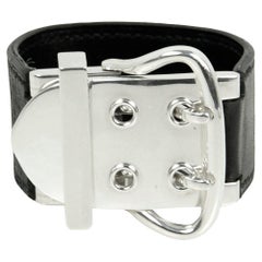 Hermes Black Leather & Sterling Wide Buckle Bracelet sz XS