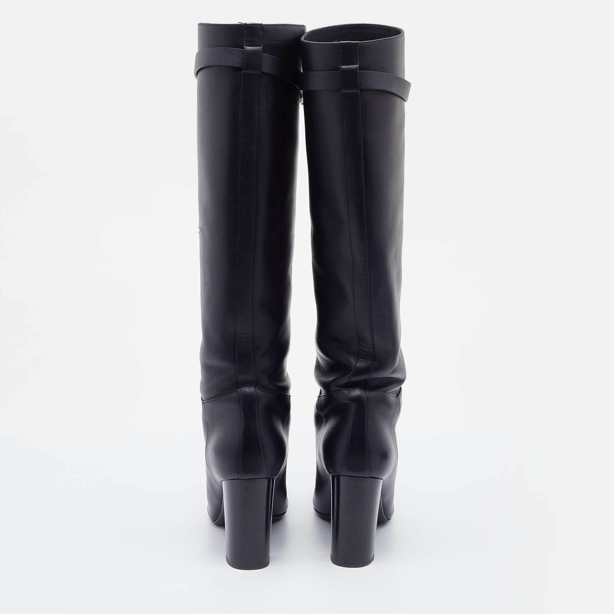 Hermes Black Leather Story Knee Length Boots Size 37.5 In Good Condition In Dubai, Al Qouz 2