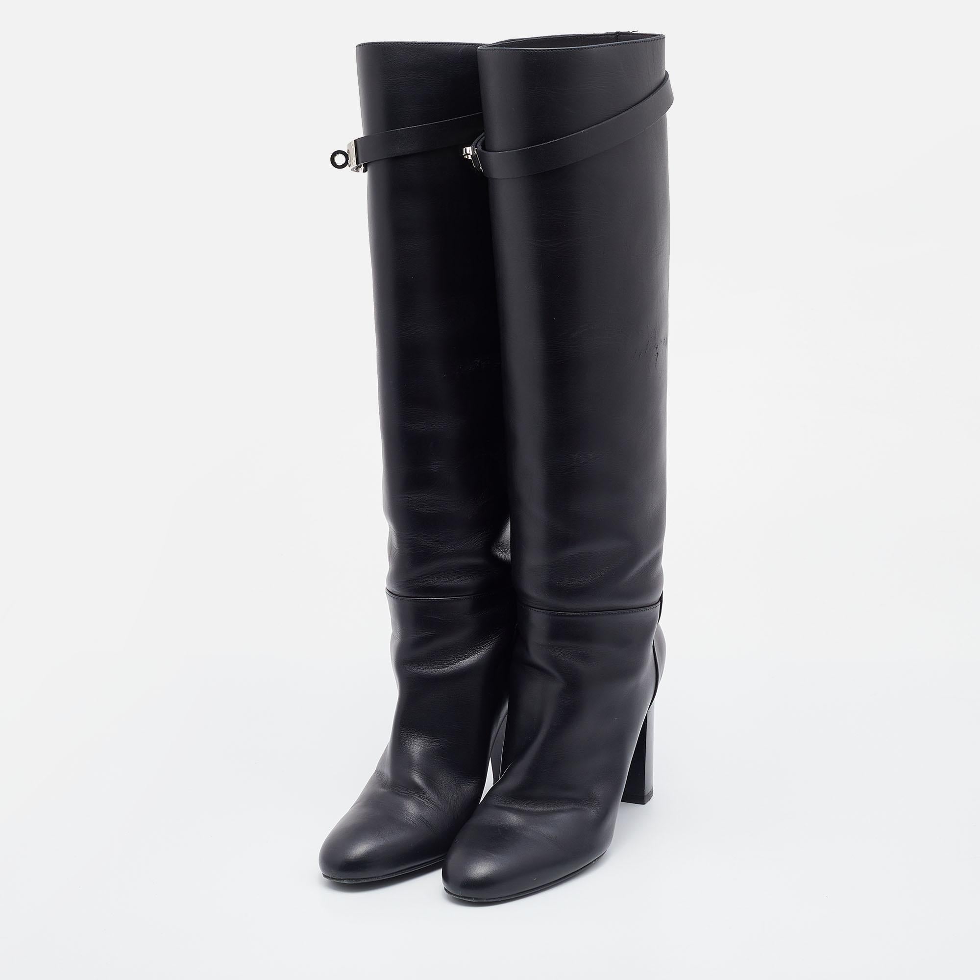 Women's Hermes Black Leather Story Knee Length Boots Size 37.5