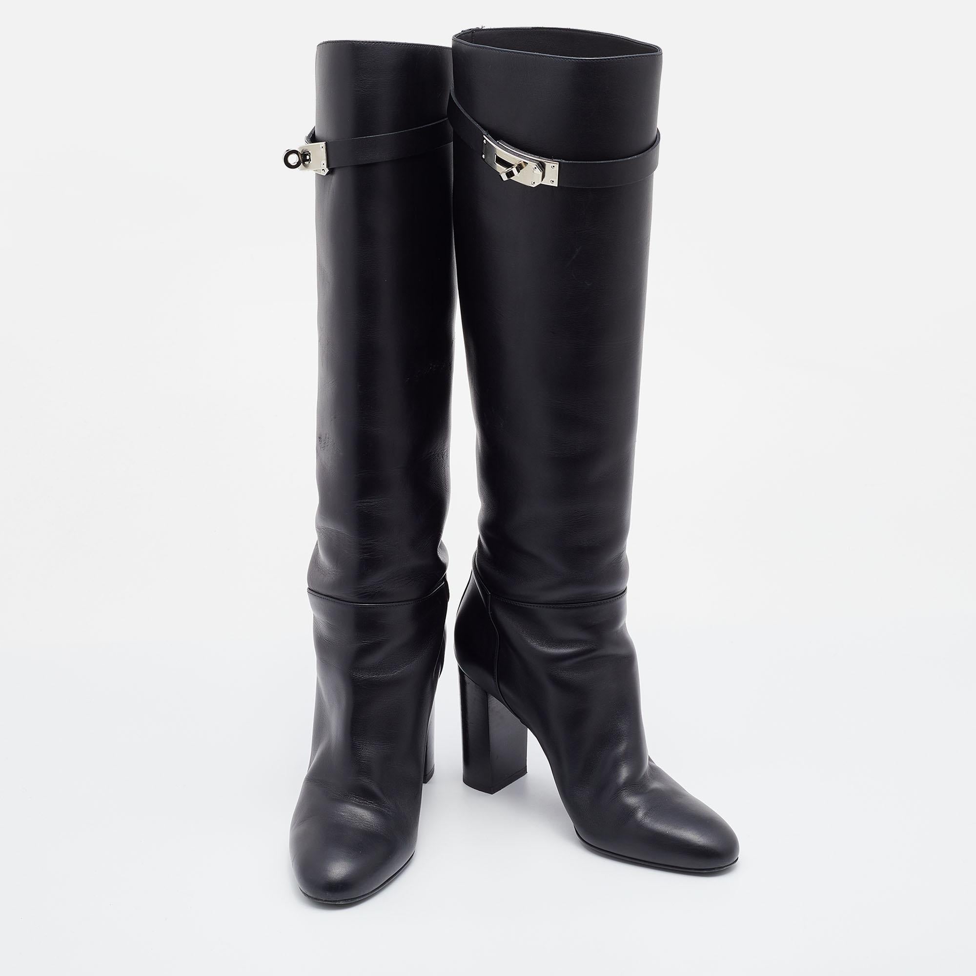 Hermes Black Leather Story Knee Length Boots Size 37.5 1