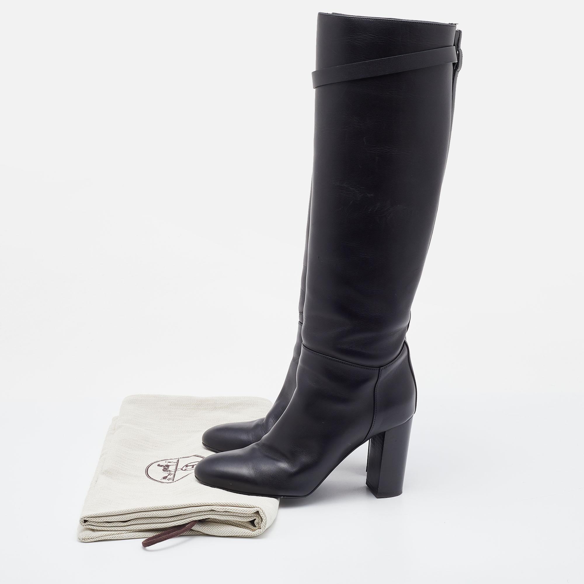 Hermes Black Leather Story Knee Length Boots Size 37.5 2