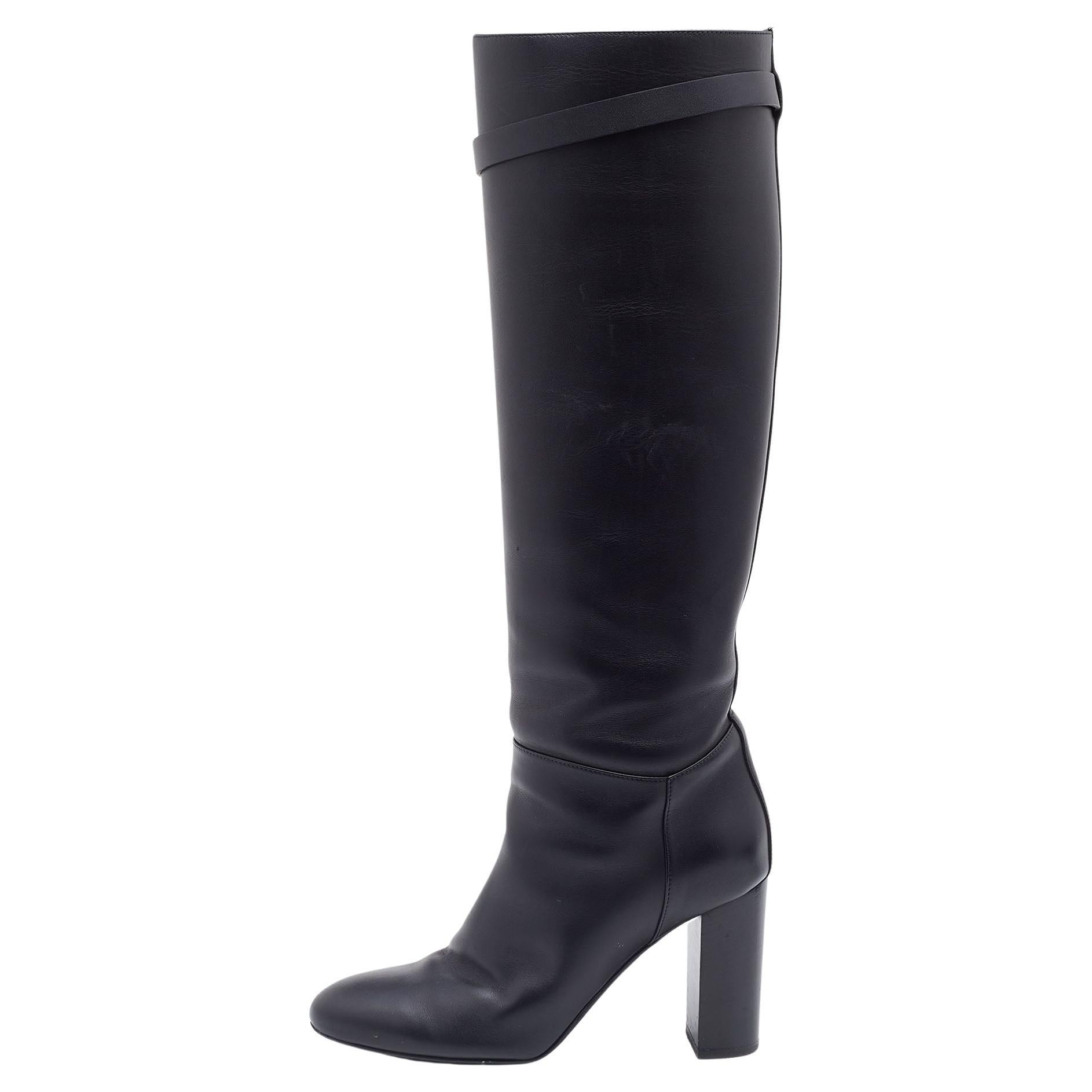 Hermès - Bottes en cuir noir Story longueur genou, taille 37,5