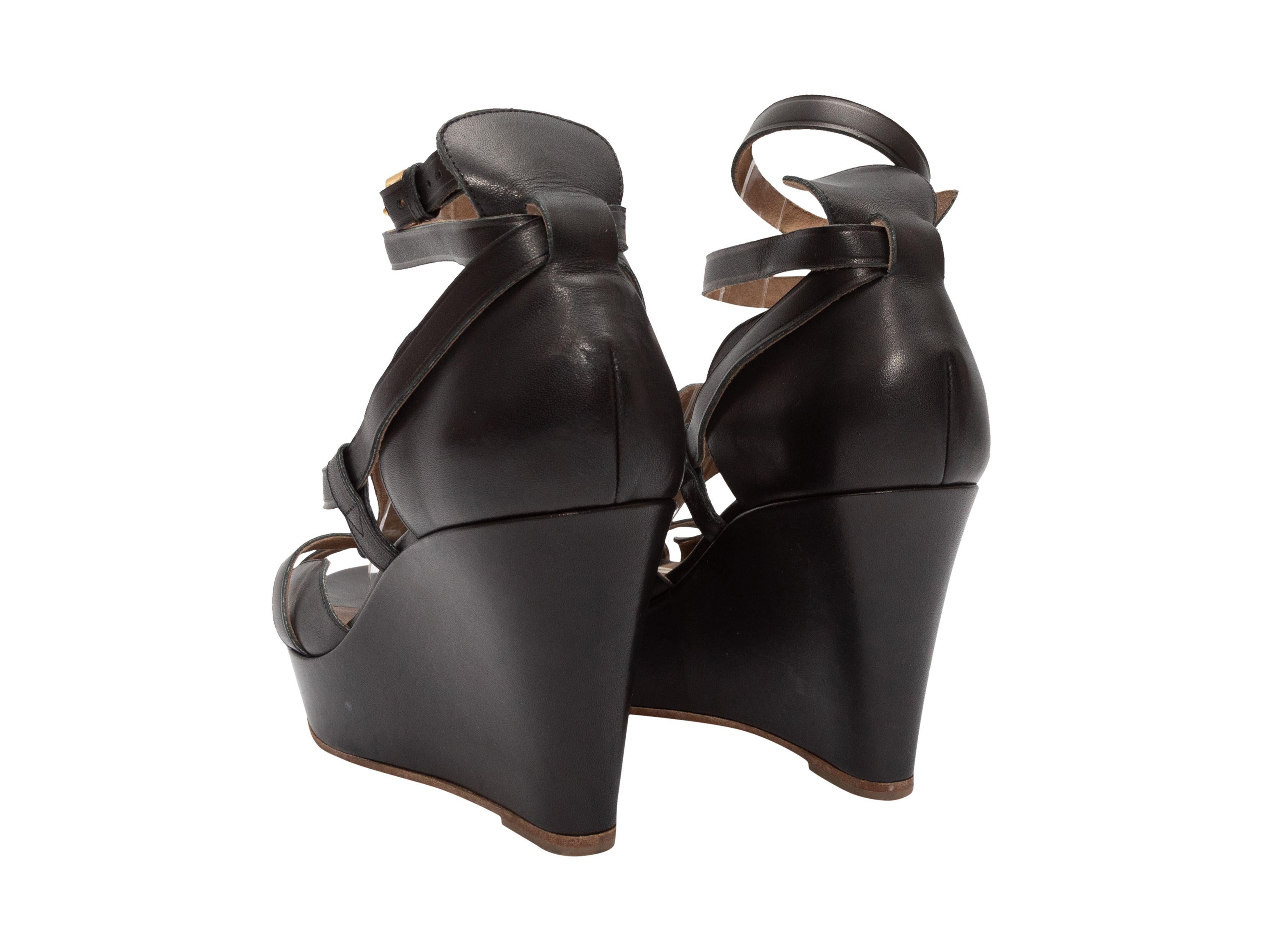 Hermes Black Leather Strappy Wedge Sandals For Sale 1