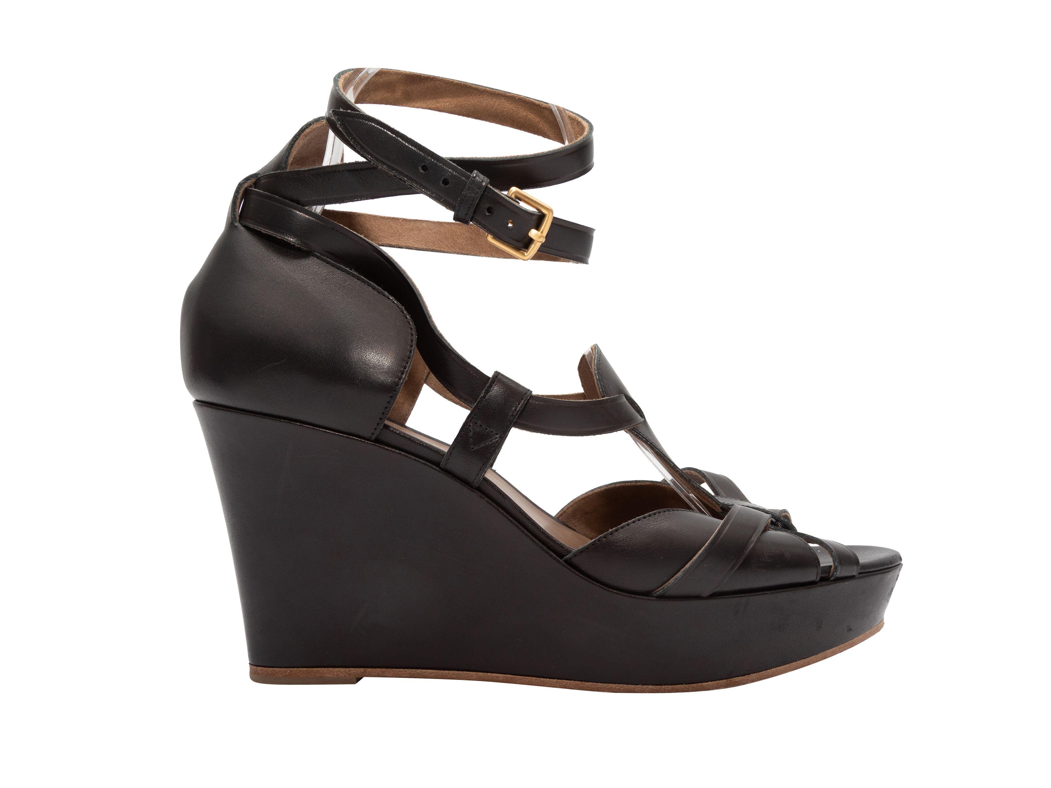 Hermes Black Leather Strappy Wedge Sandals For Sale 2