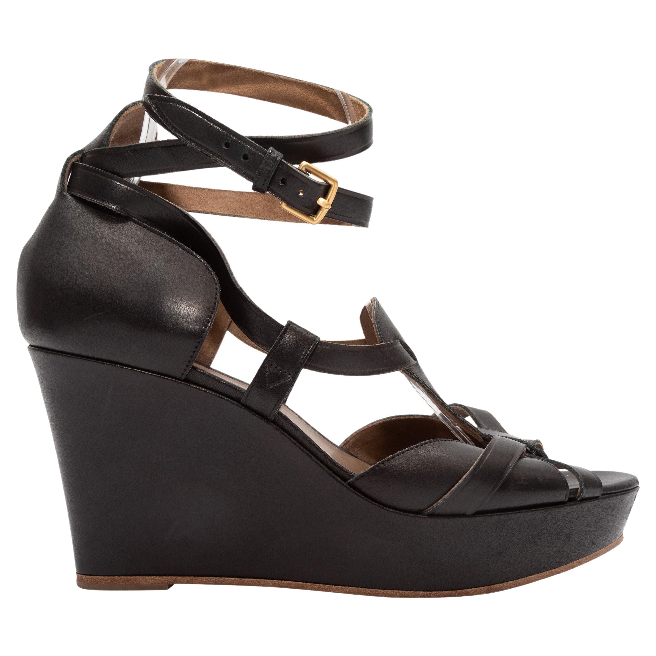 Hermes Black Leather Strappy Wedge Sandals For Sale