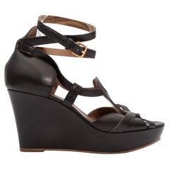 Hermes Black Leather Strappy Wedge Sandals