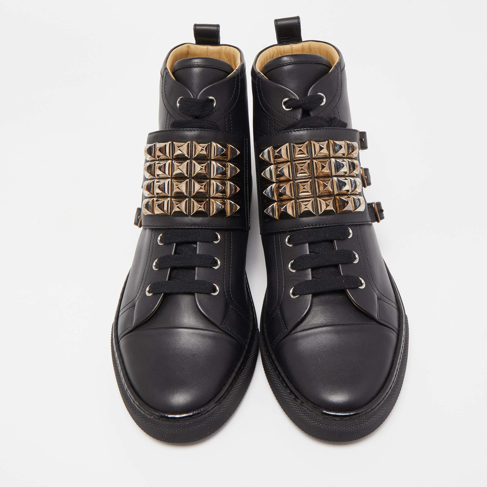 Hermes Black Leather Studded Lennox High Top Sneakers Size 43.5 In New Condition In Dubai, Al Qouz 2