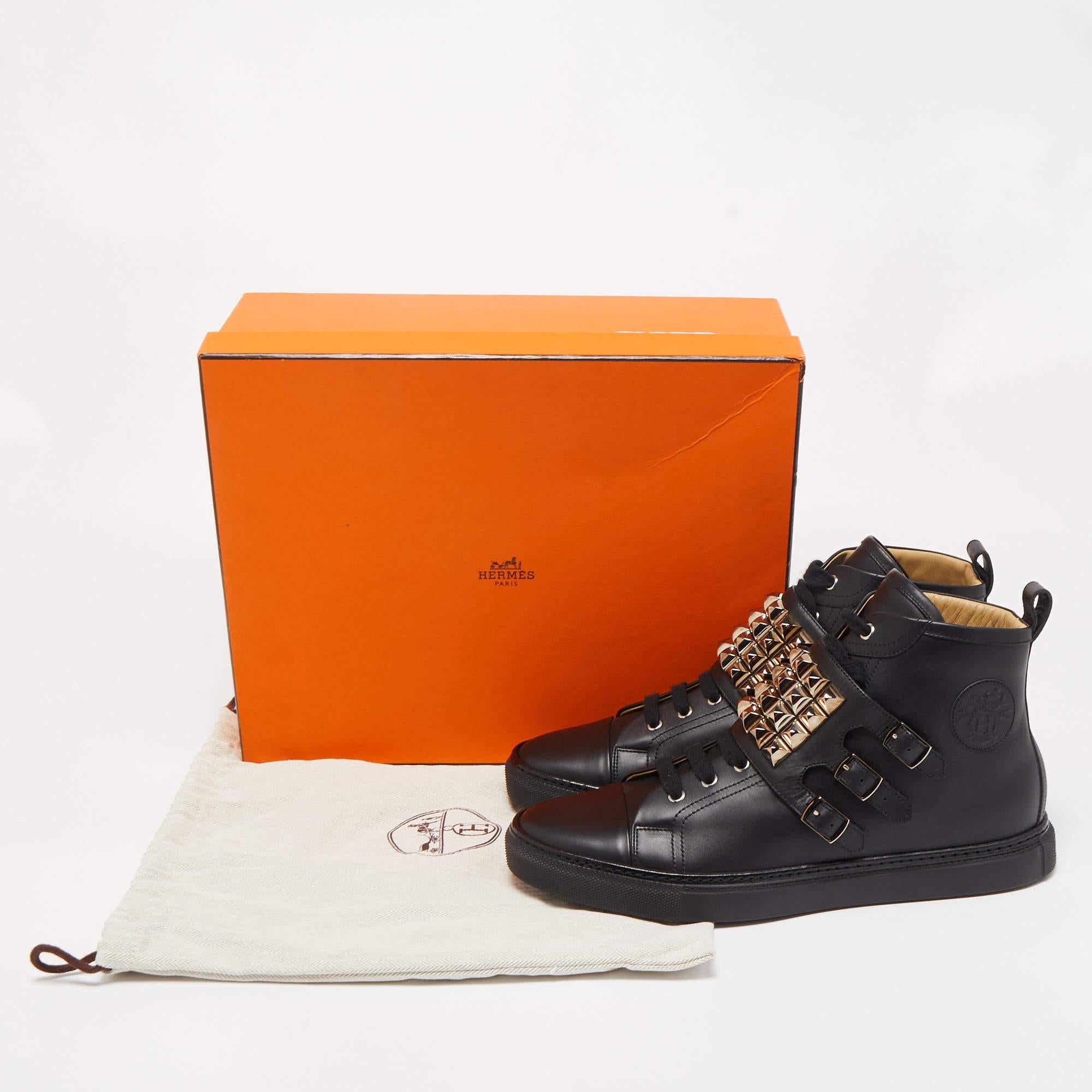Hermes Black Leather Studded Lennox High Top Sneakers Size 43.5 In Excellent Condition In Dubai, Al Qouz 2