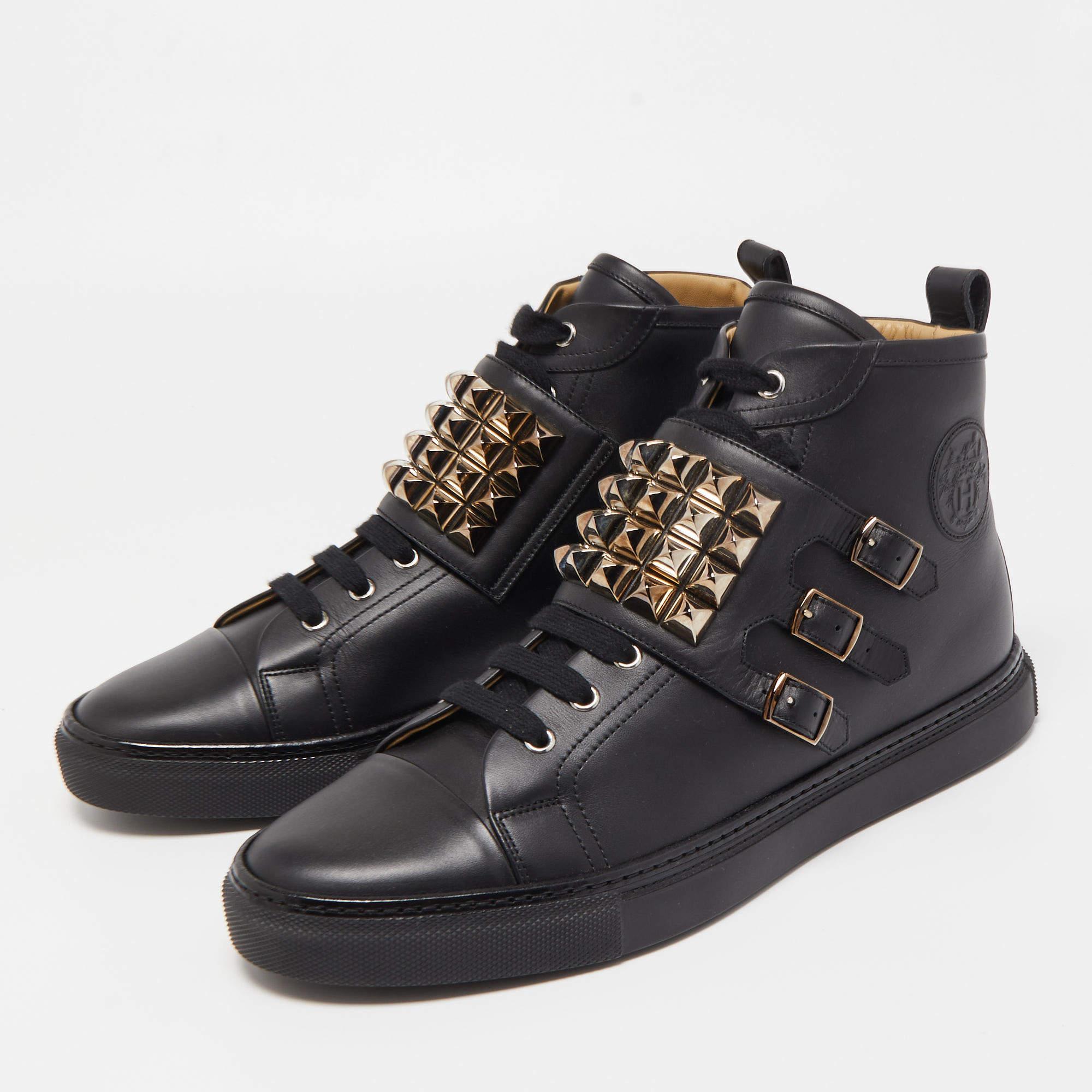 Hermes Black Leather Studded Lennox High Top Sneakers Size 43.5 5