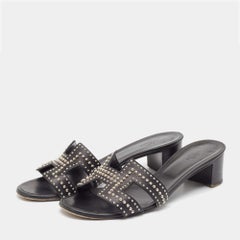 Hermes Black Leather Studded Oasis Slide Sandals Size 40