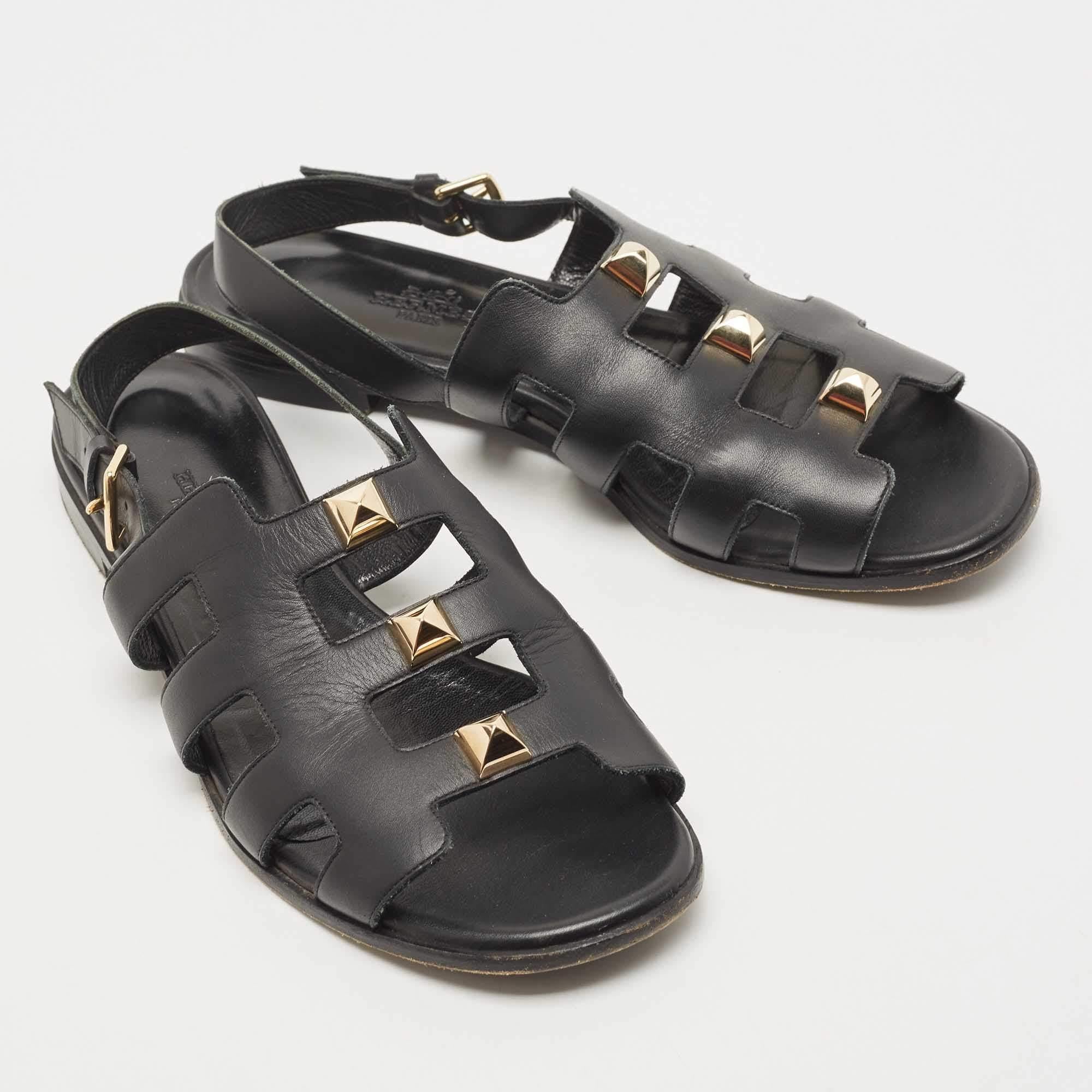 Hermes Black Leather Studded Slingback Sandals Size 37.5 1