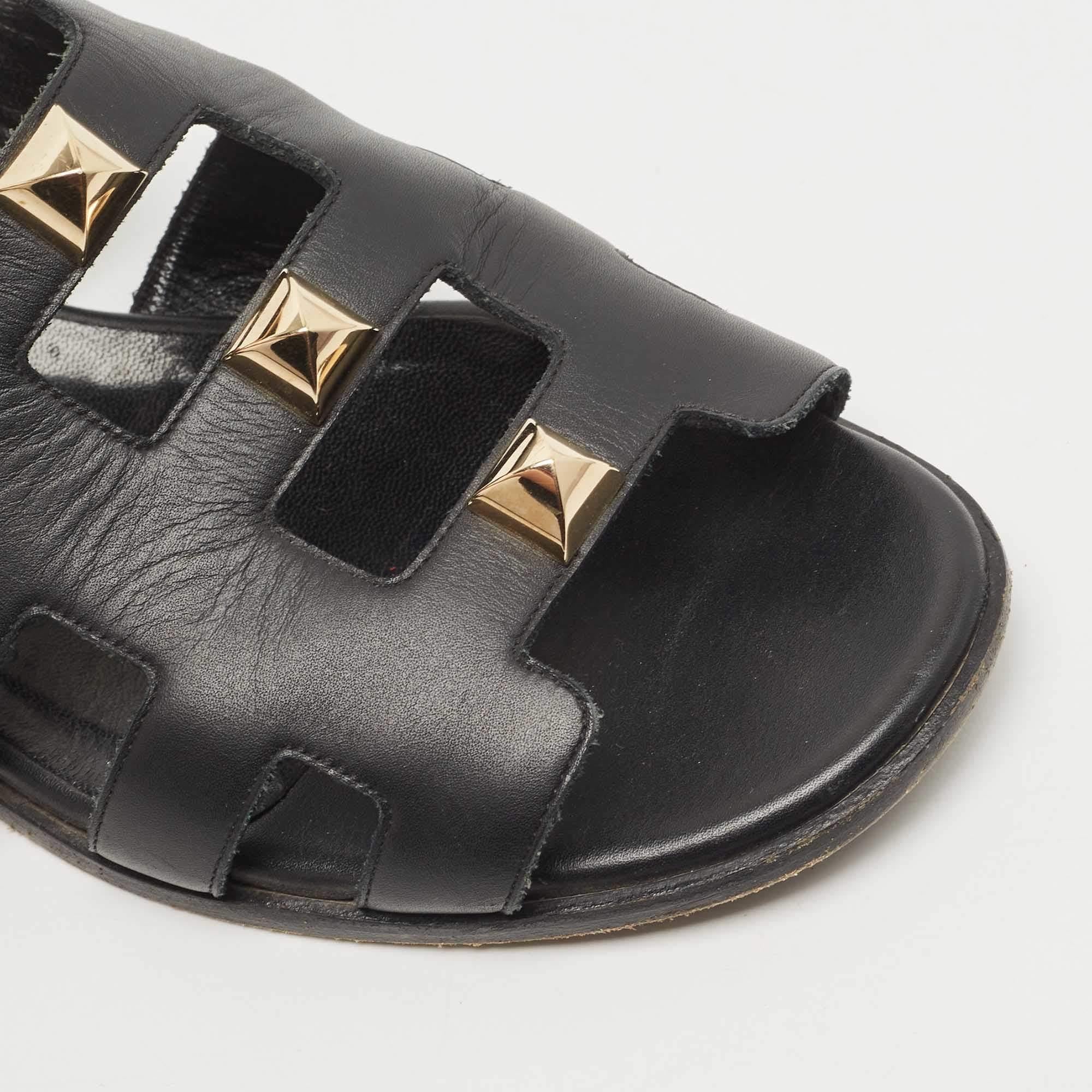 Hermes Black Leather Studded Slingback Sandals Size 37.5 2
