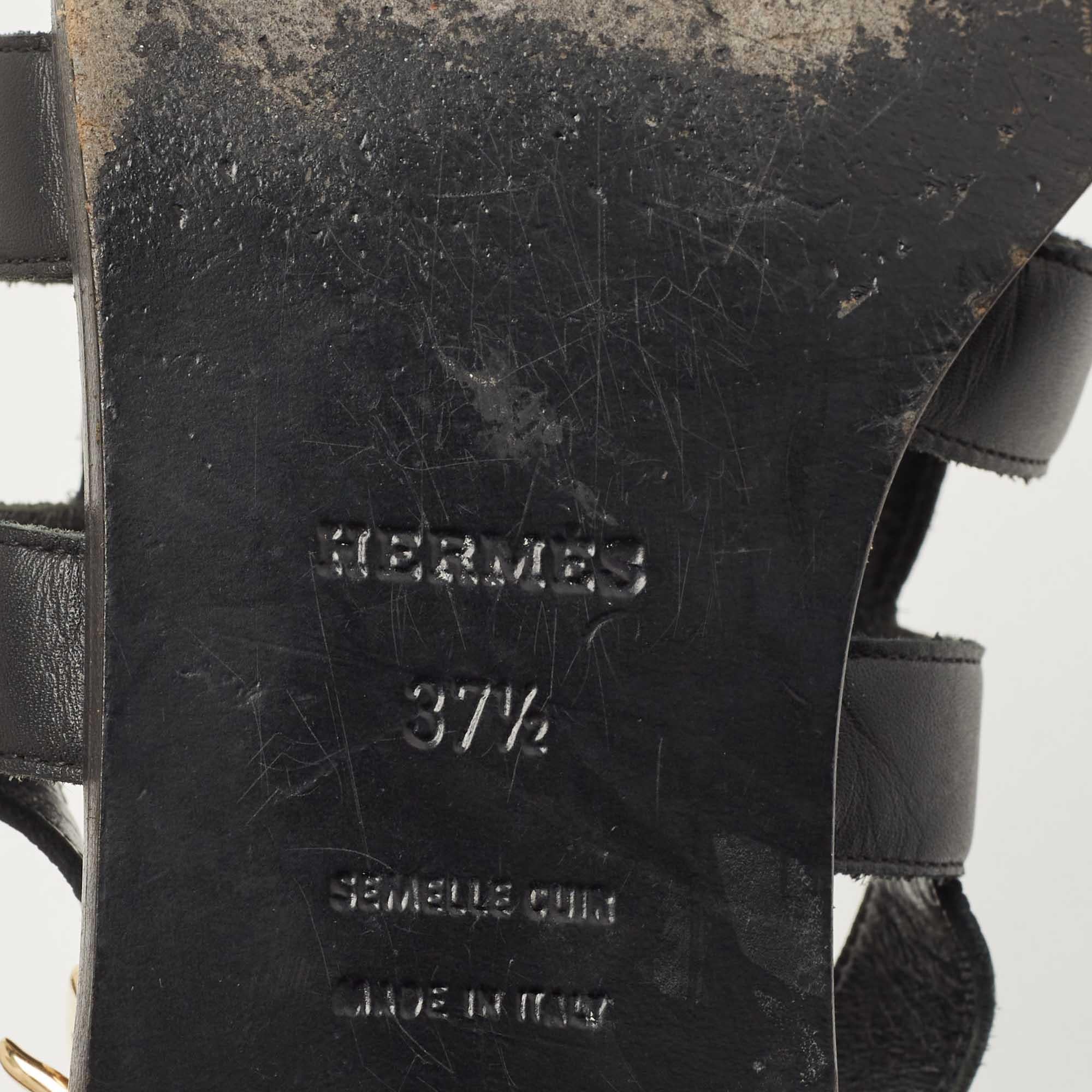 Hermes Black Leather Studded Slingback Sandals Size 37.5 3