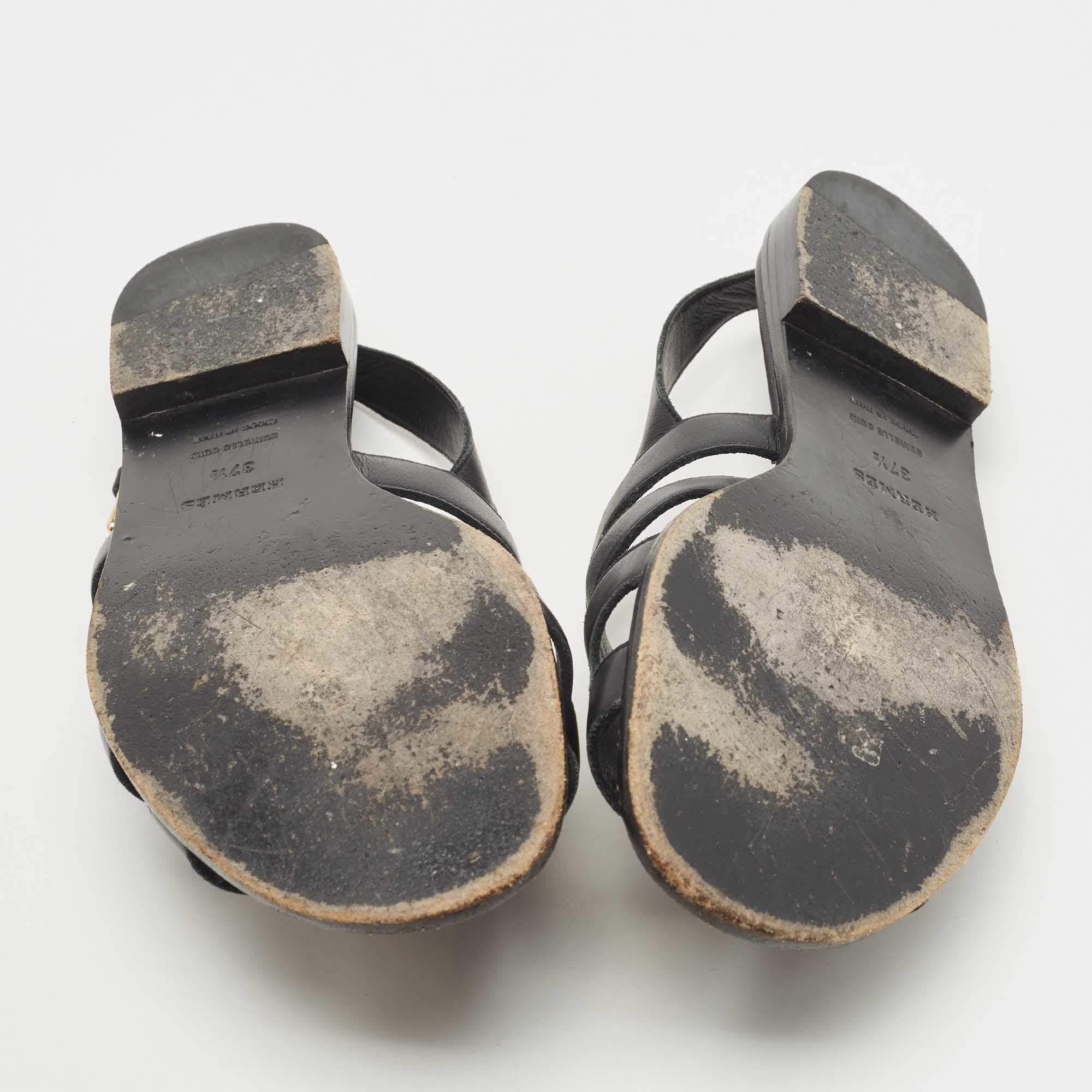 Hermes Black Leather Studded Slingback Sandals Size 37.5 4