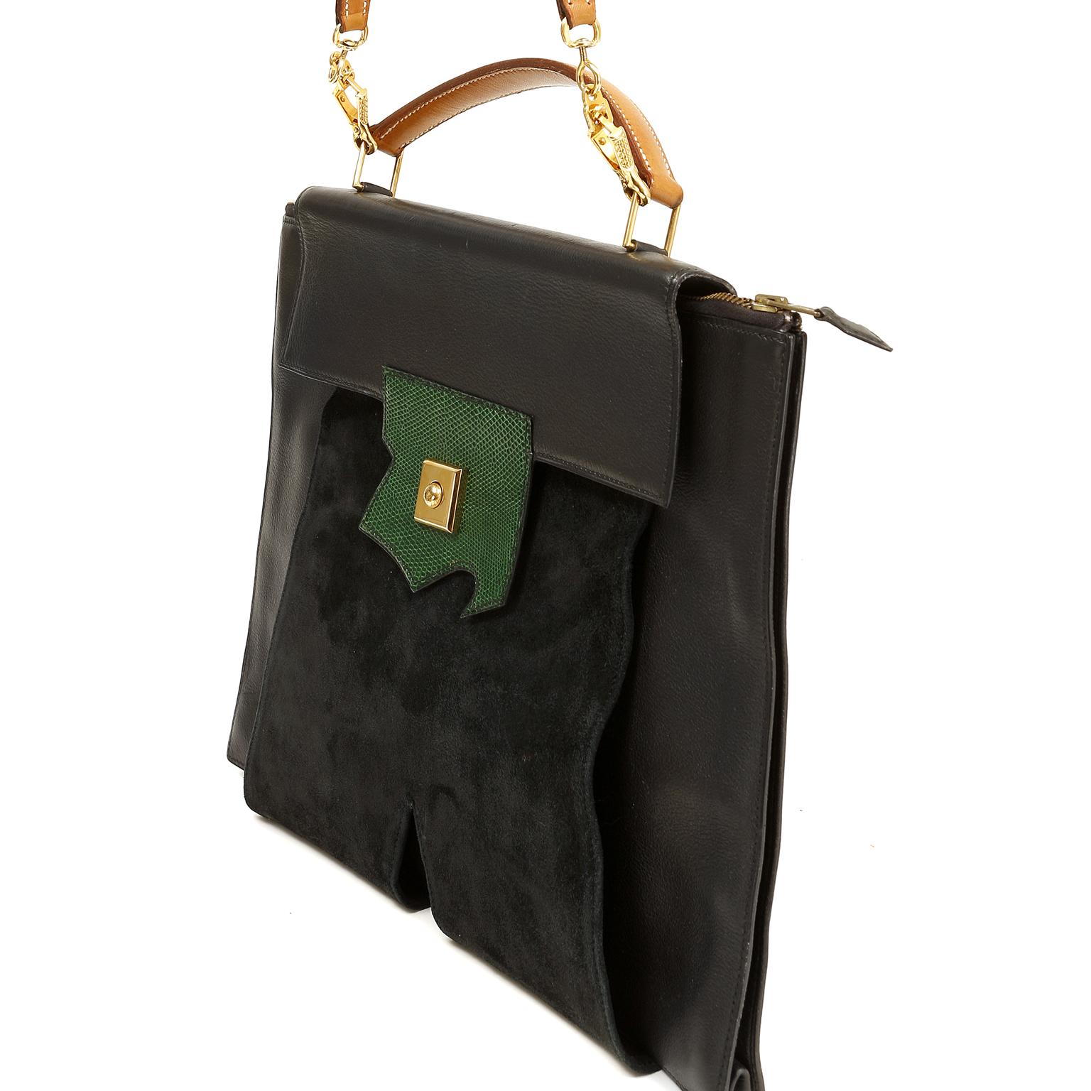 Hermès Black Leather, Suede and Lizard Brief Case In Excellent Condition In Palm Beach, FL