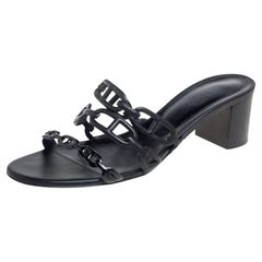 Hermes Black Leather Tandem Slide Sandals Size 40.5