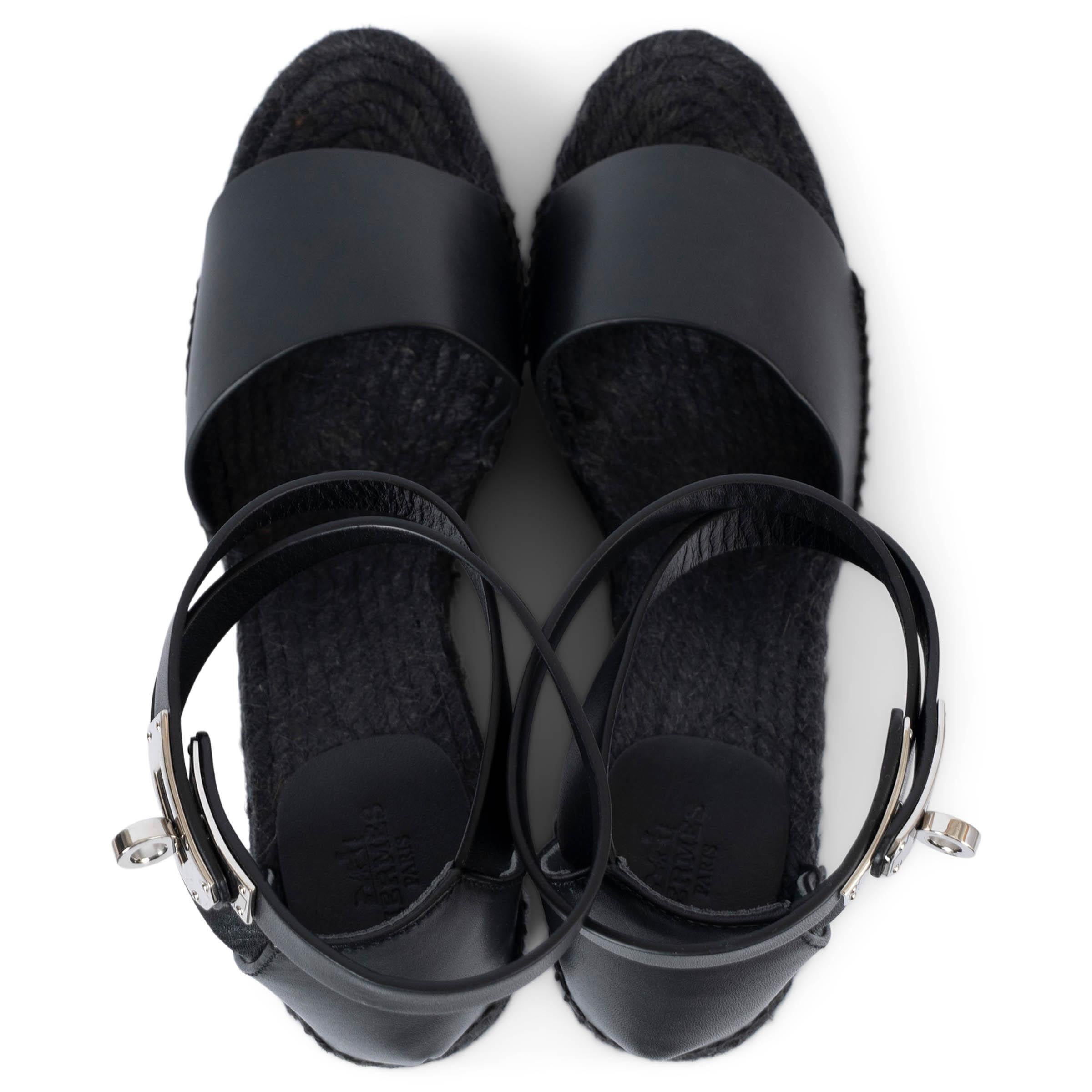 Women's HERMES black leather TIPOLI Wedge Espadrille Sandals Shoes 41 fit 40 For Sale
