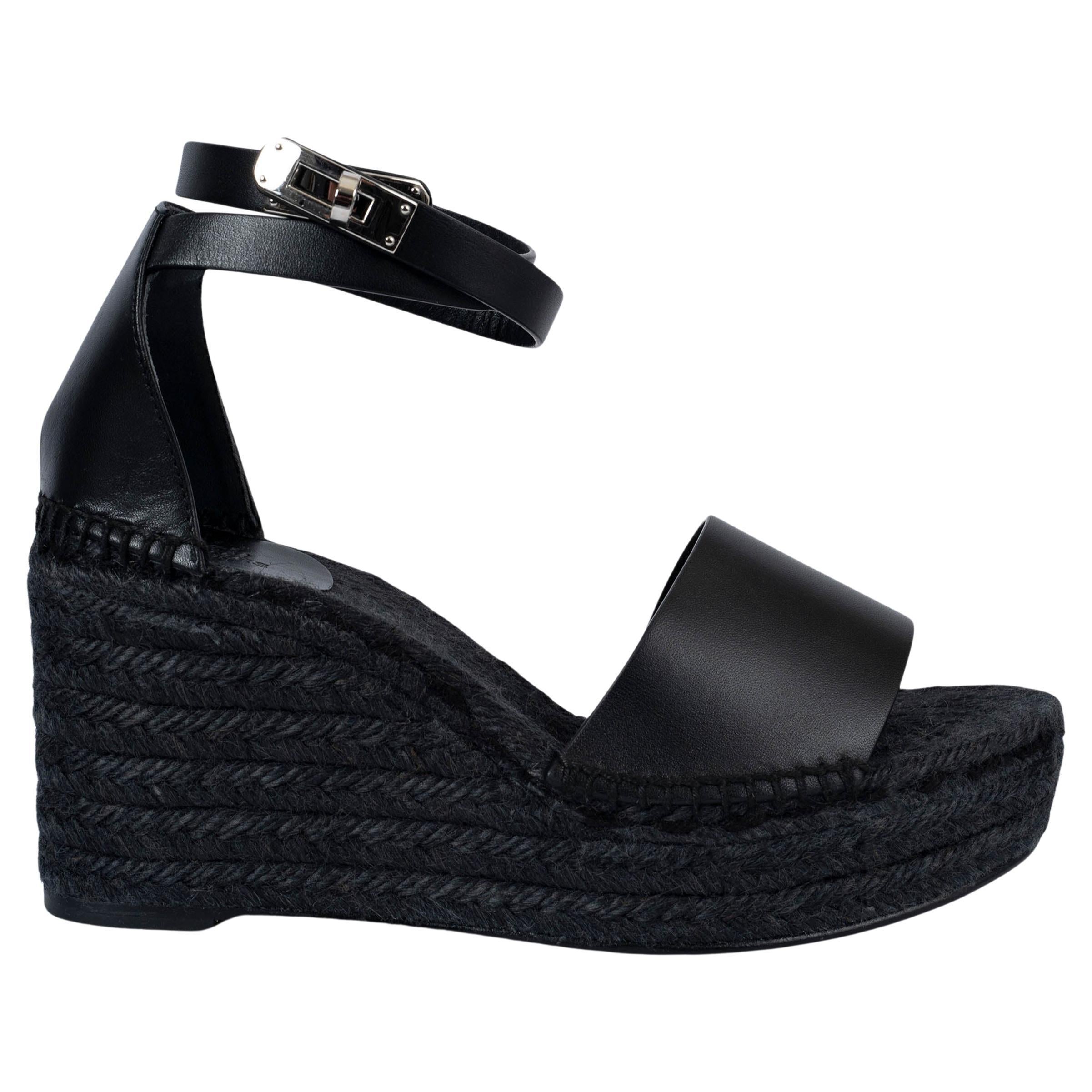 HERMES black leather TIPOLI Wedge Espadrille Sandals Shoes 41 fit 40 For Sale