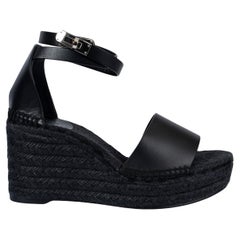 HERMES black leather TIPOLI Wedge Espadrille Sandals Shoes 41 fit 40