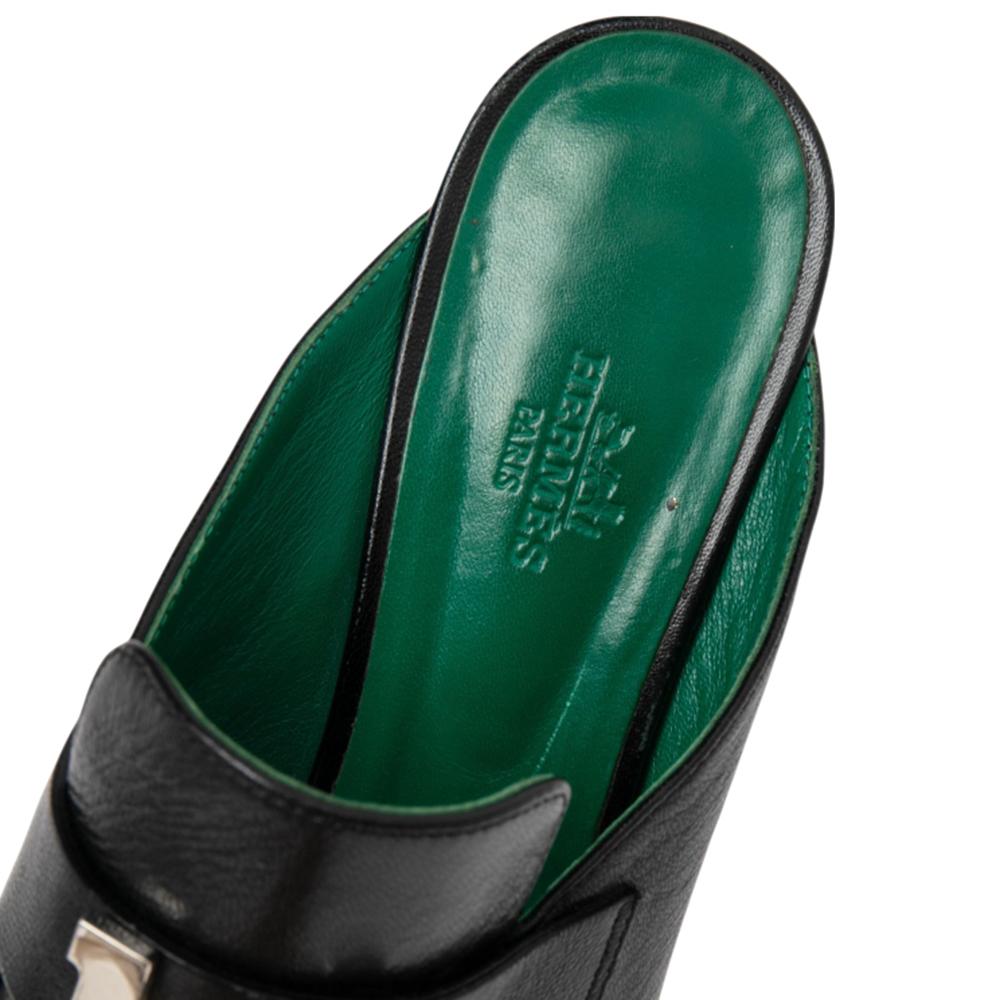 Hermes Black Leather Tuileries Block Heel Mules Size 38.5 In Good Condition In Dubai, Al Qouz 2
