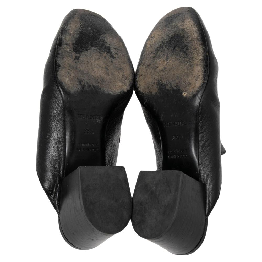 Women's Hermes Black Leather Tuileries Block Heel Mules Size 38.5