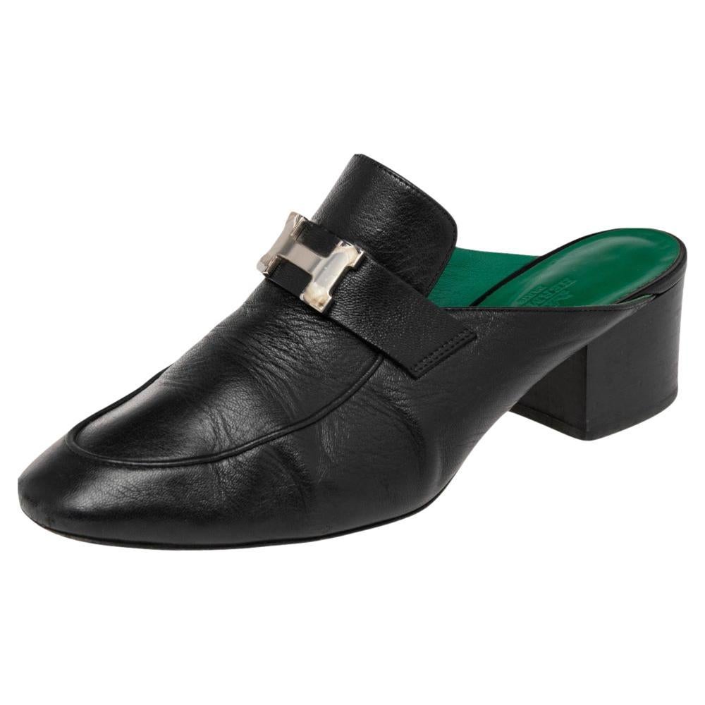 Hermes Black Leather Tuileries Block Heel Mules Size 38.5