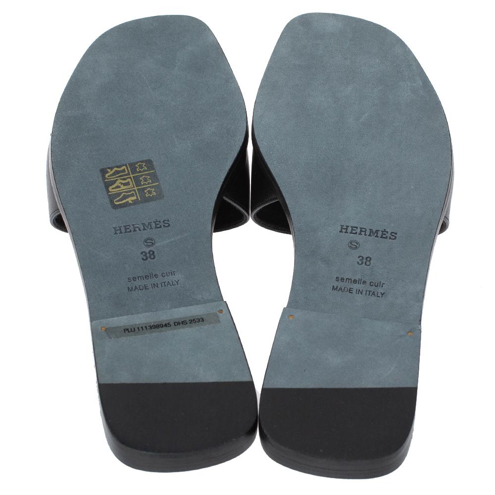 Women's Hermes Black Leather View Slide Sandals Size 38
