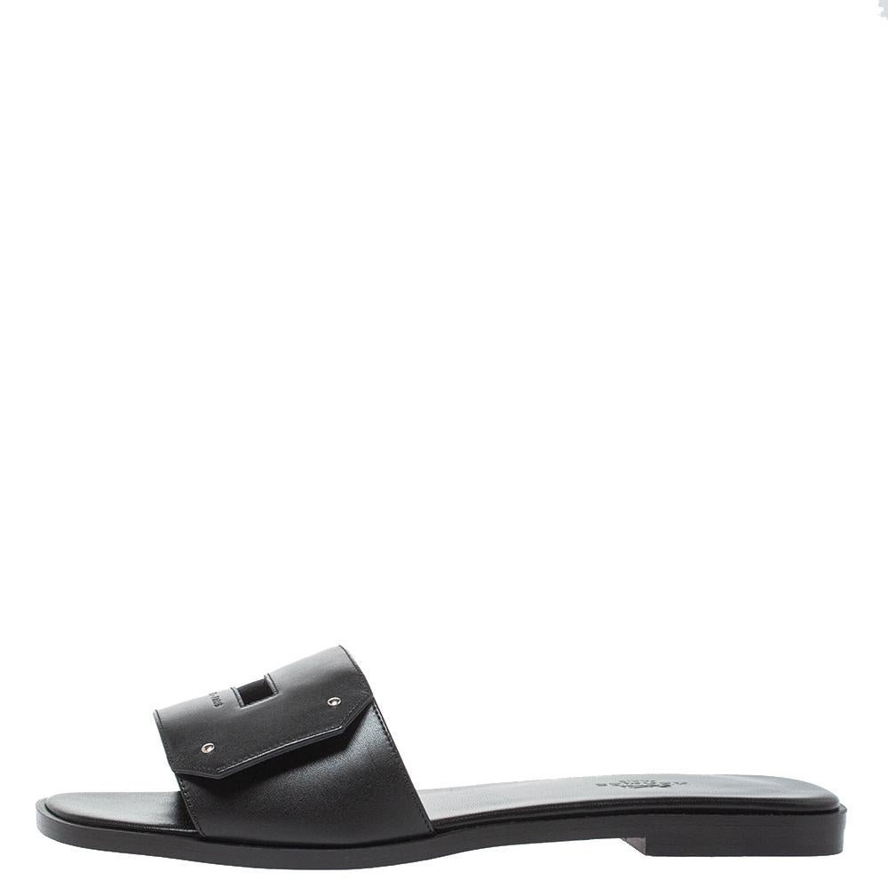 Hermes Black Leather View Slide Sandals Size 38 1