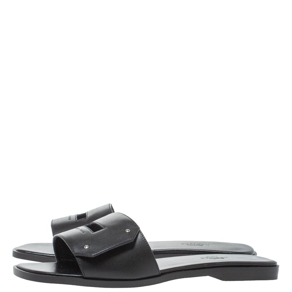 Hermes Black Leather View Slide Sandals Size 38 3