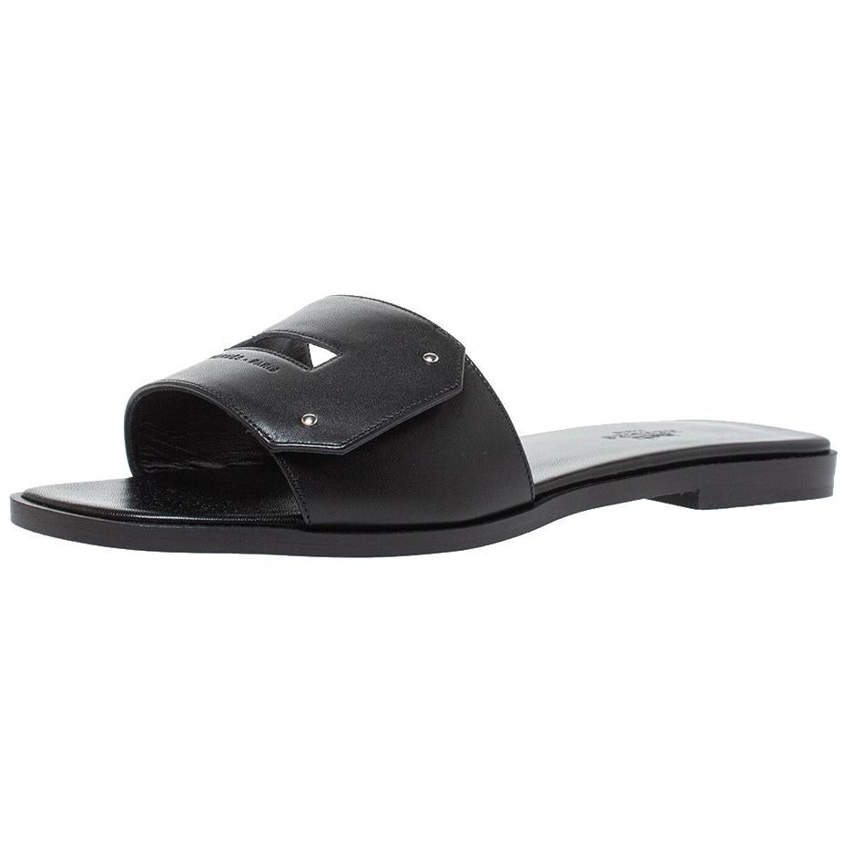 Hermes Black Leather View Slide Sandals Size 38