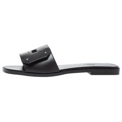 Hermes Black Leather View Slide Sandals Size 38