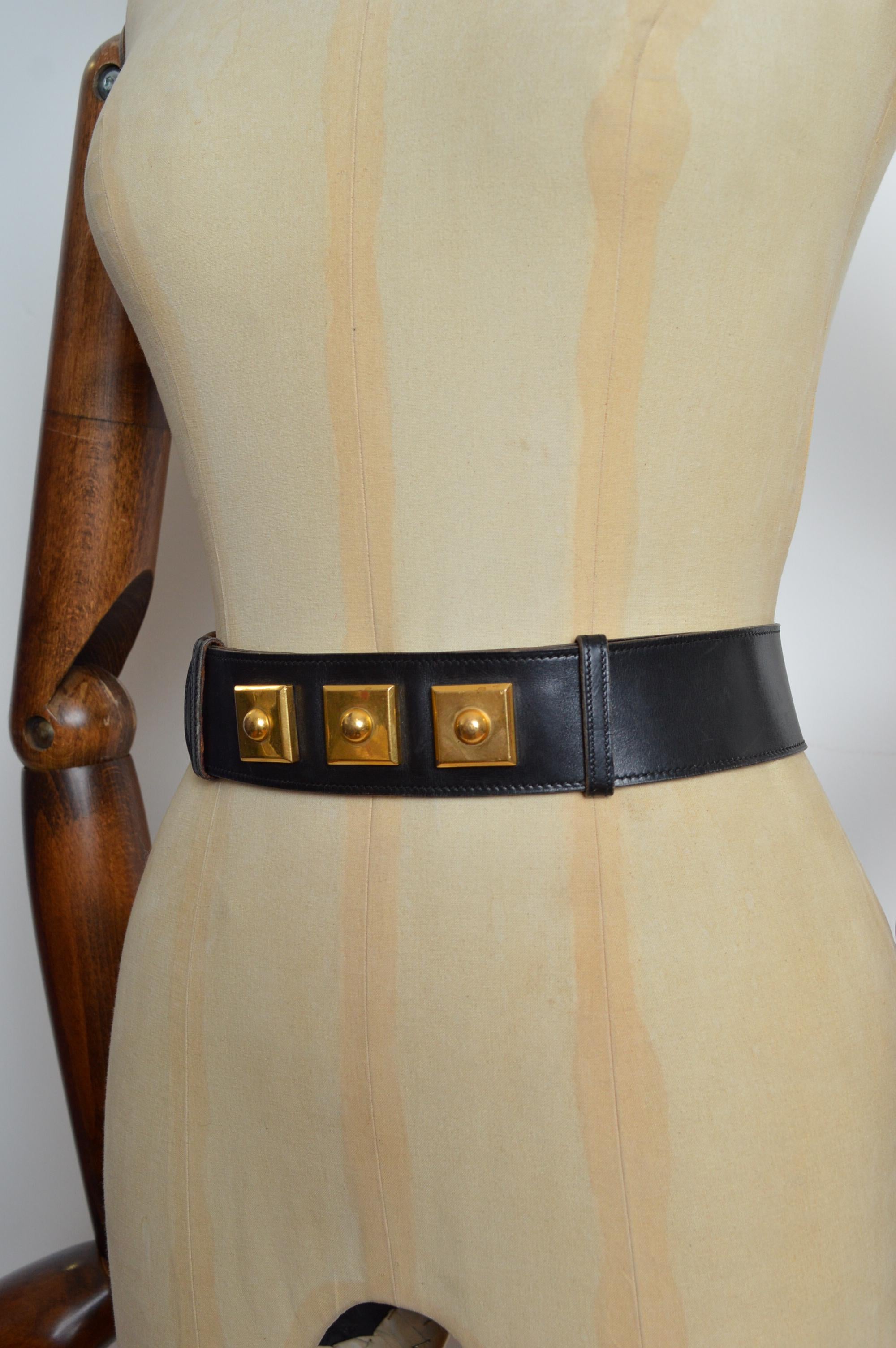 Hermès Black leather waist belt with decorative Gold square detail For Sale 10