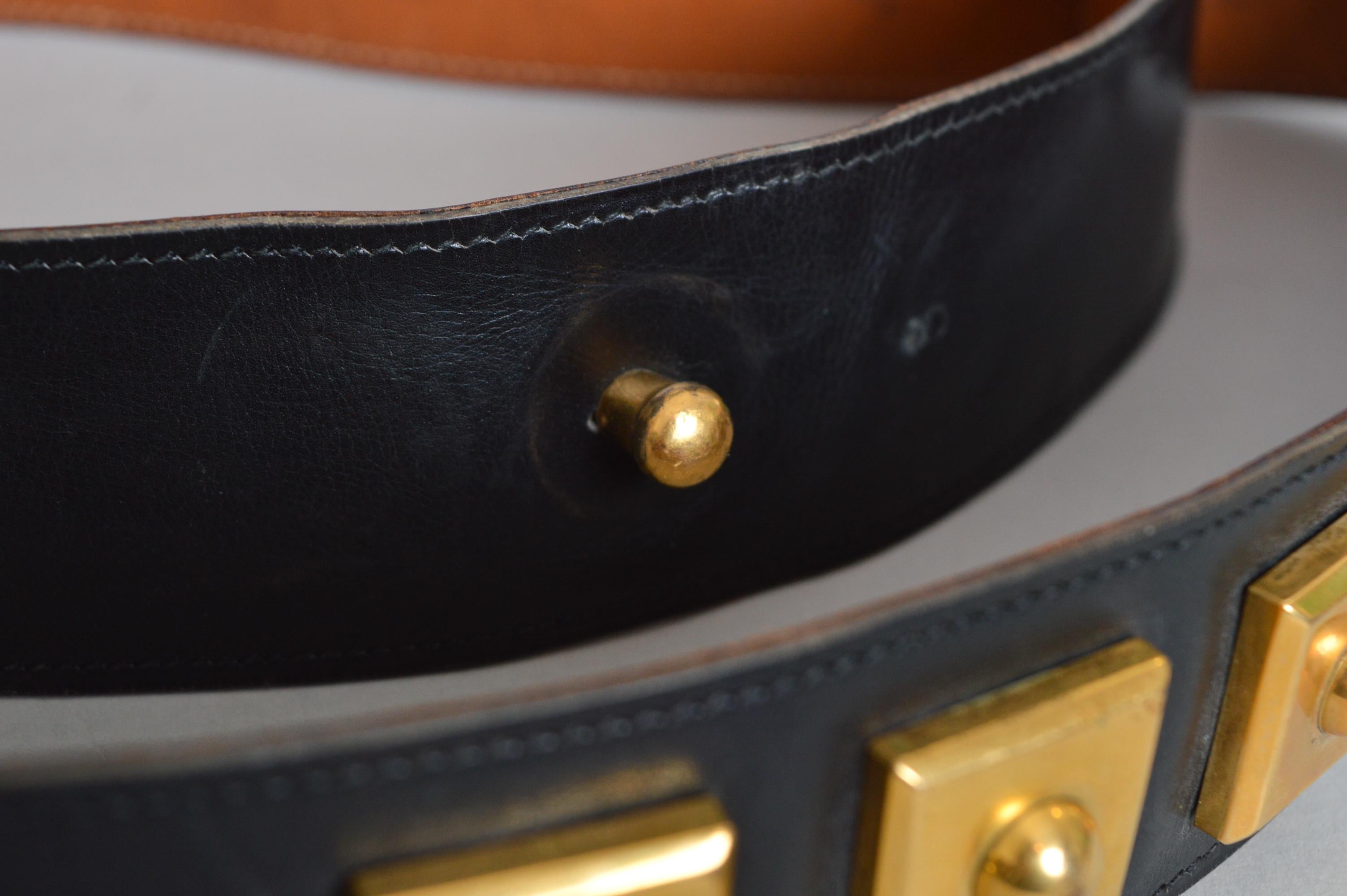 Hermès Black leather waist belt with decorative Gold square detail For Sale 2