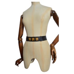 Hermès Black leather waist belt with decorative Gold square detail