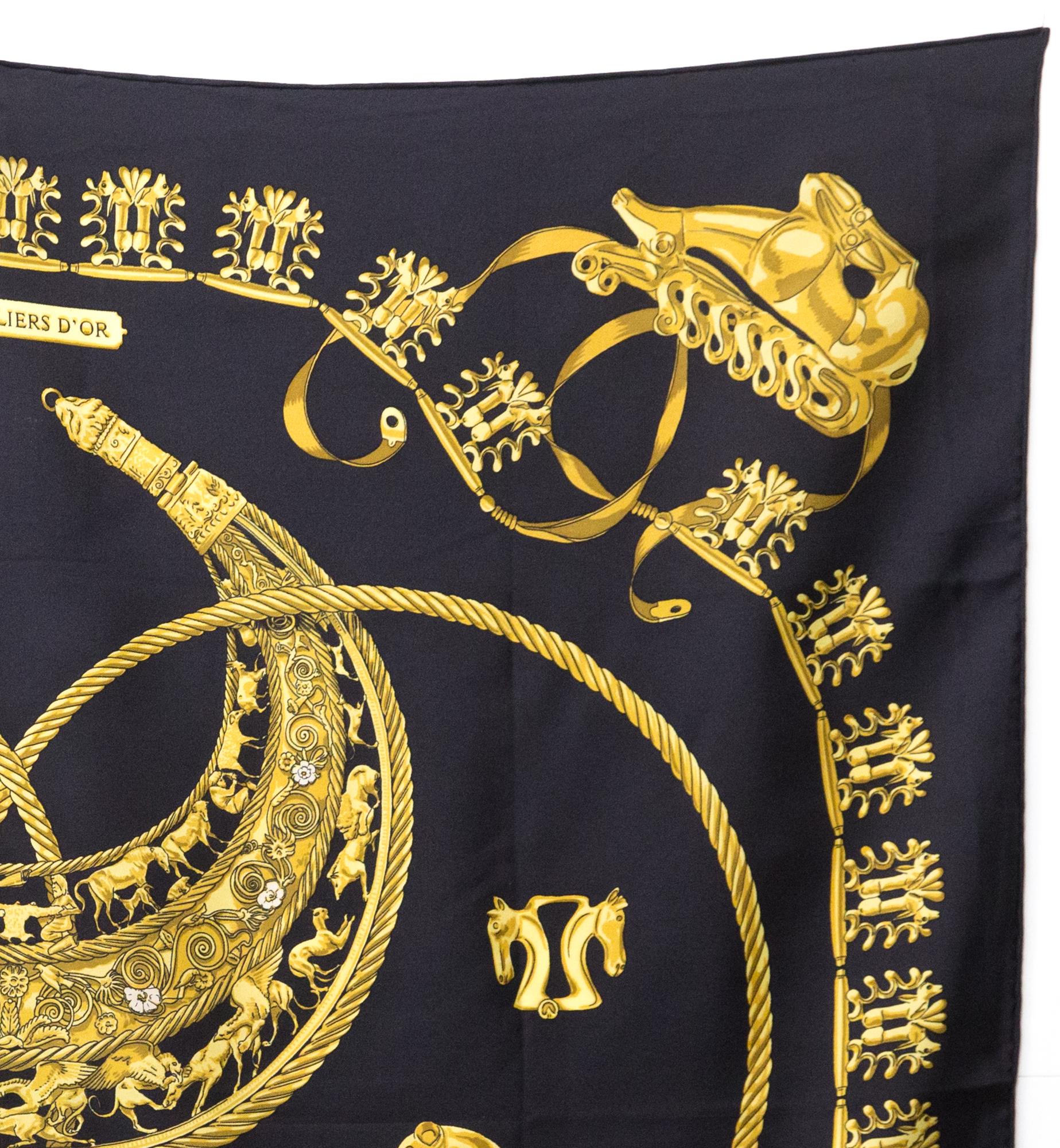 Hermes Black Les Cavaliers d Or by D Rybaltchenko Silk Scarf In Good Condition In Paris, FR