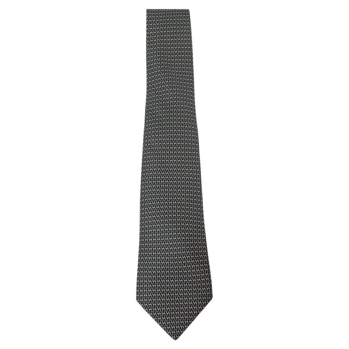 HERMES black & lime silk twill 5504 H EN OMBRE Tie For Sale