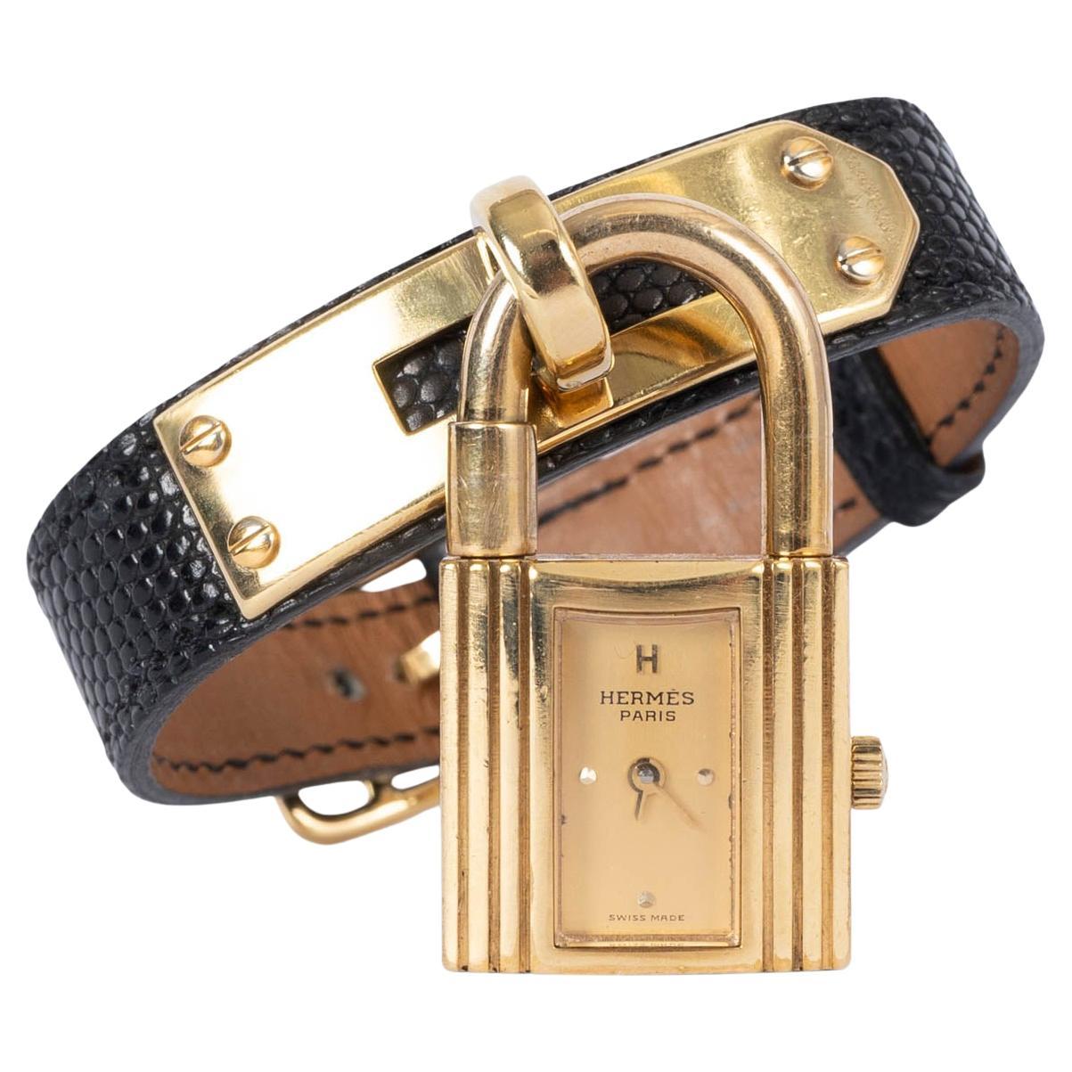 Hermes black lizard 1996 KELLY 19MM Watch Gold For Sale