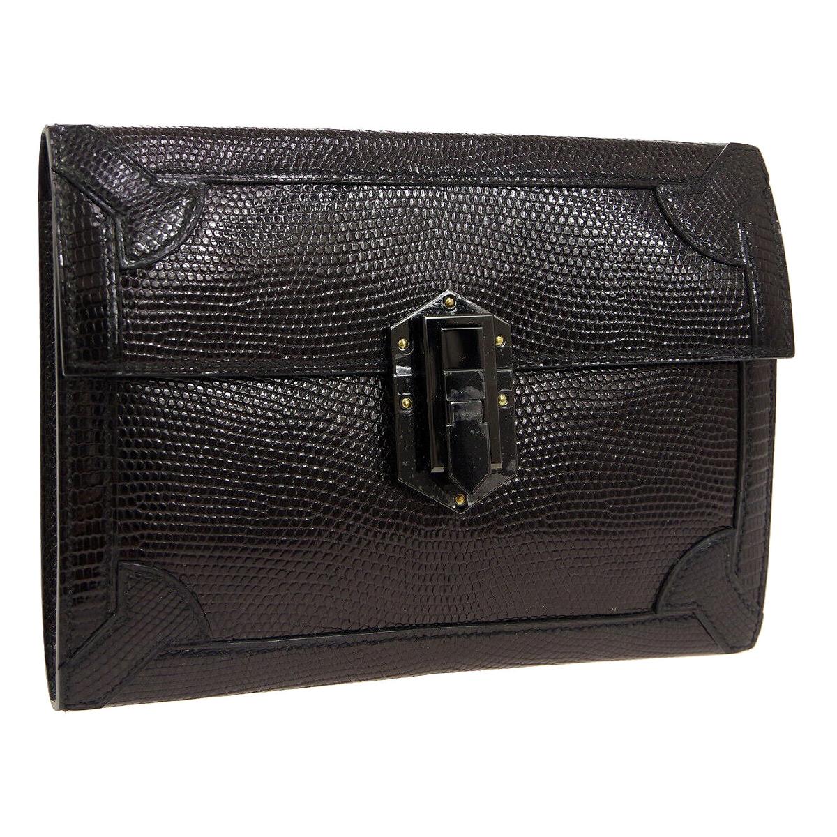 Hermes Black Lizard Exotic Leather Envelope Evening Clutch Bag in Box
