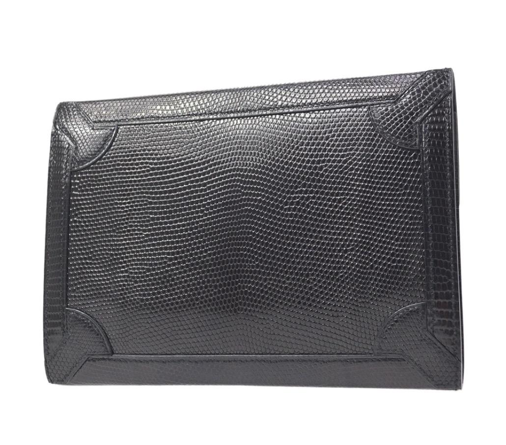Women's Hermes Black Lizard Exotic Leather Gold Evening Clutch Flap Bag in Box