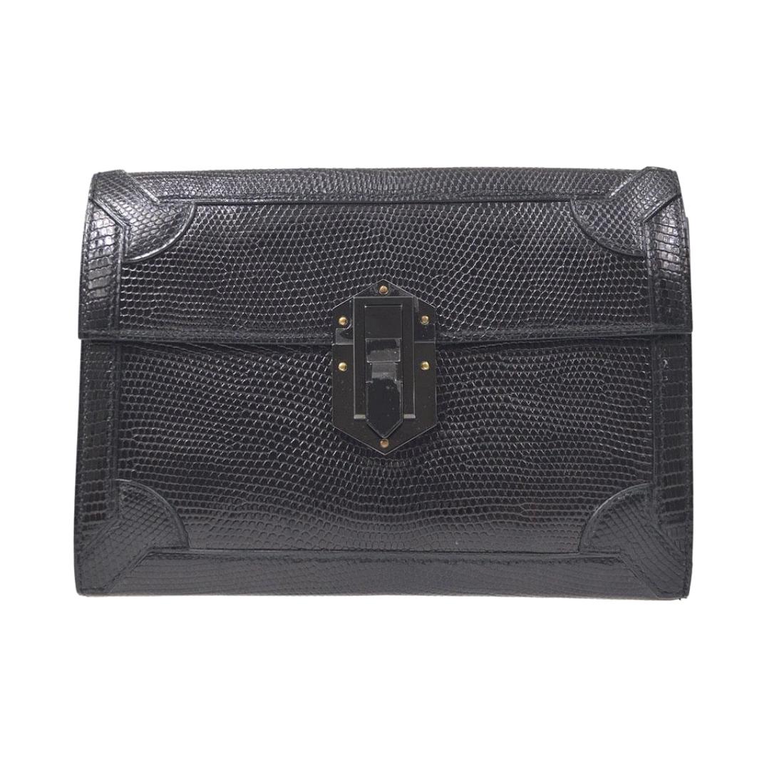 Hermes Black Lizard Exotic Leather Gold Evening Clutch Flap Bag in Box