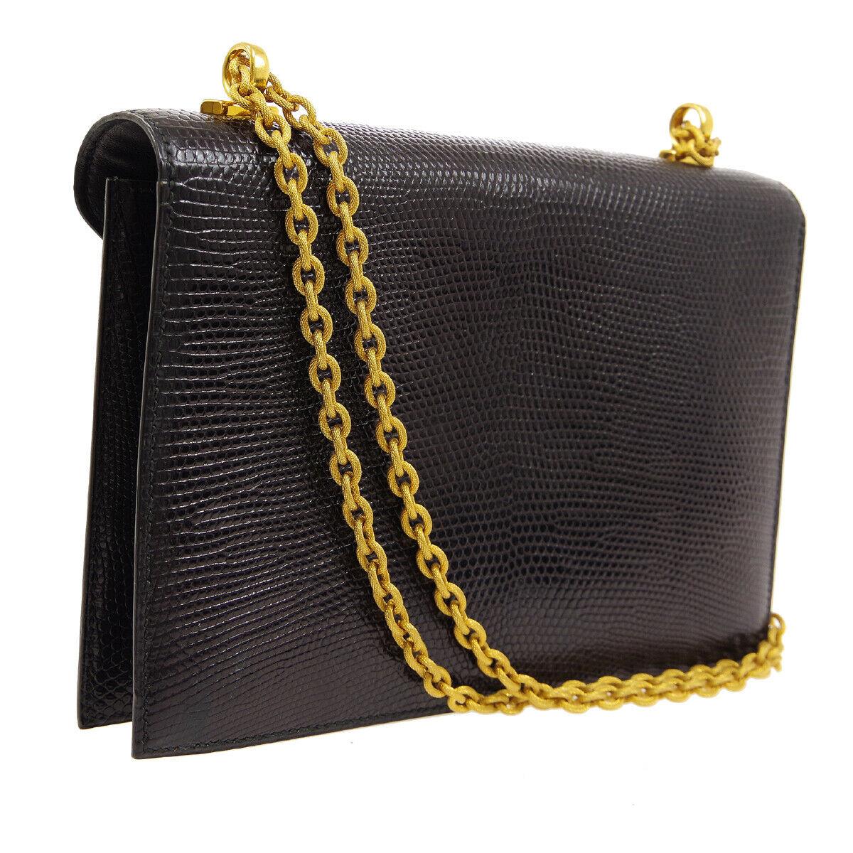 Hermes Black Lizard Exotic Leather Gold Small Evening Shoulder Flap Bag in Box  In Good Condition In Chicago, IL