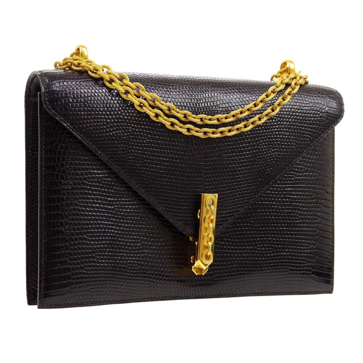 Hermes Black Lizard Exotic Leather Gold Small Evening Shoulder Flap Bag in Box 