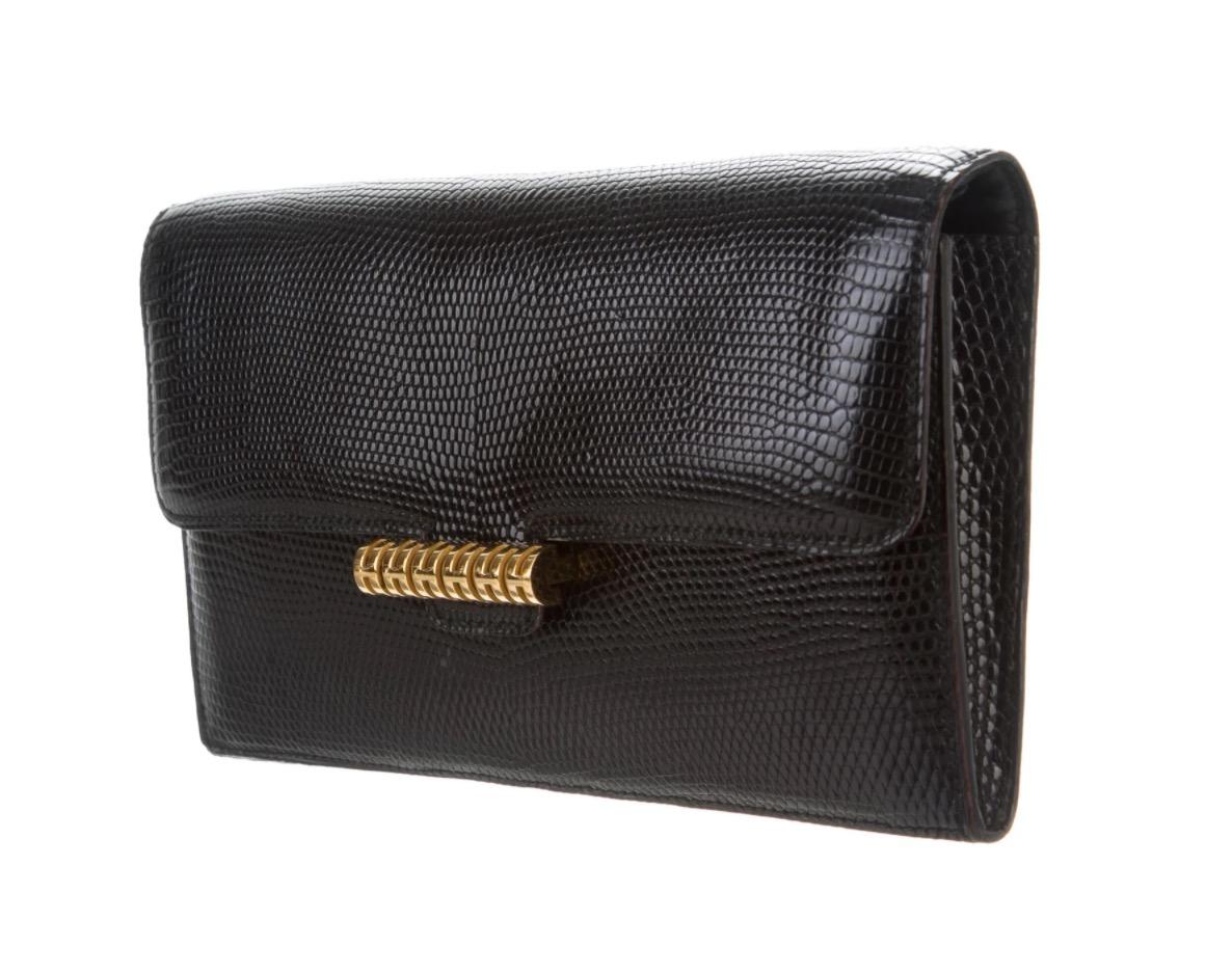 Hermes Black Lizard Exotic Skin Leather Gold Evening Envelope Clutch Flap Bag In Good Condition In Chicago, IL