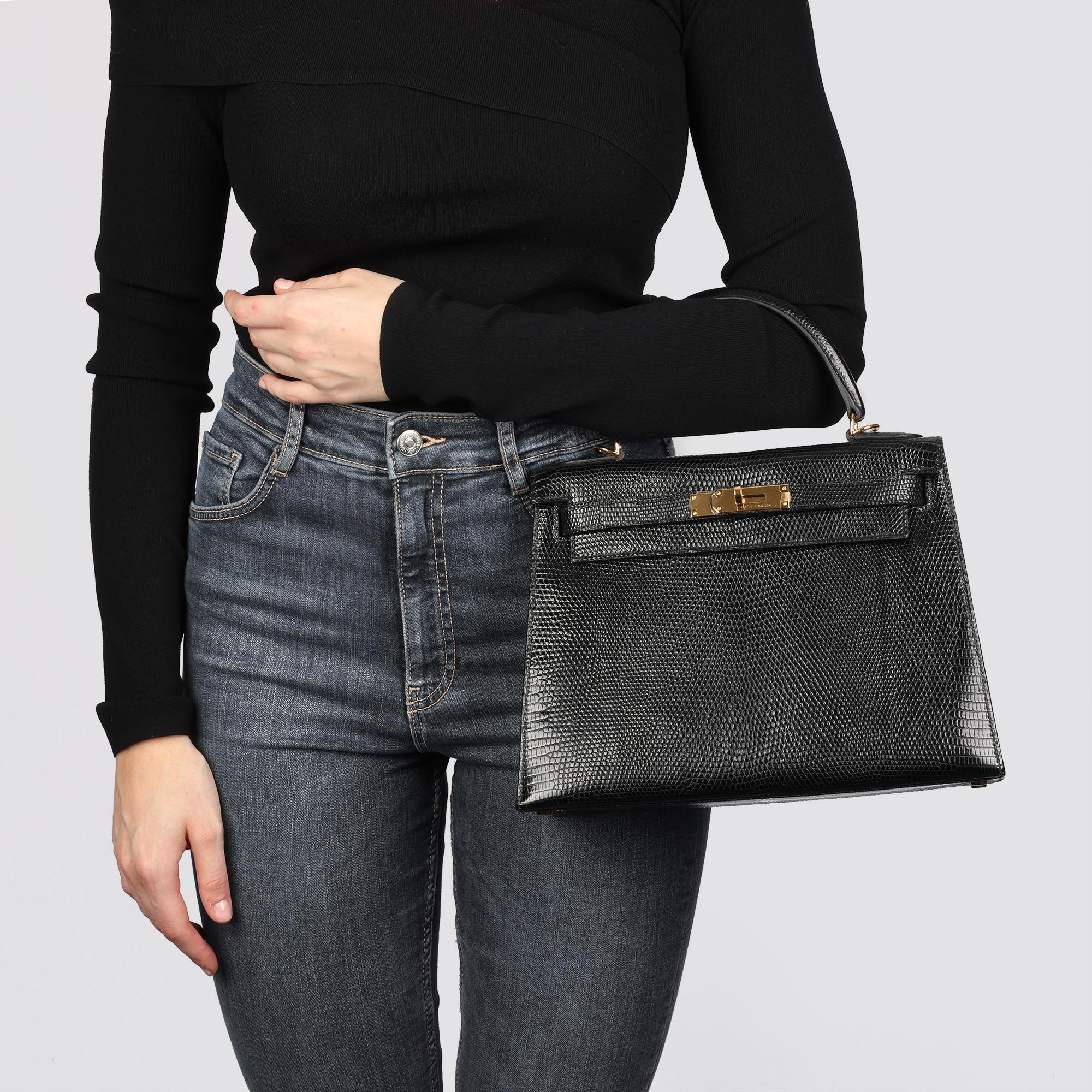 Hermès Vintage Kelly 28cm Sellier en cuir de lézard noir en vente 6